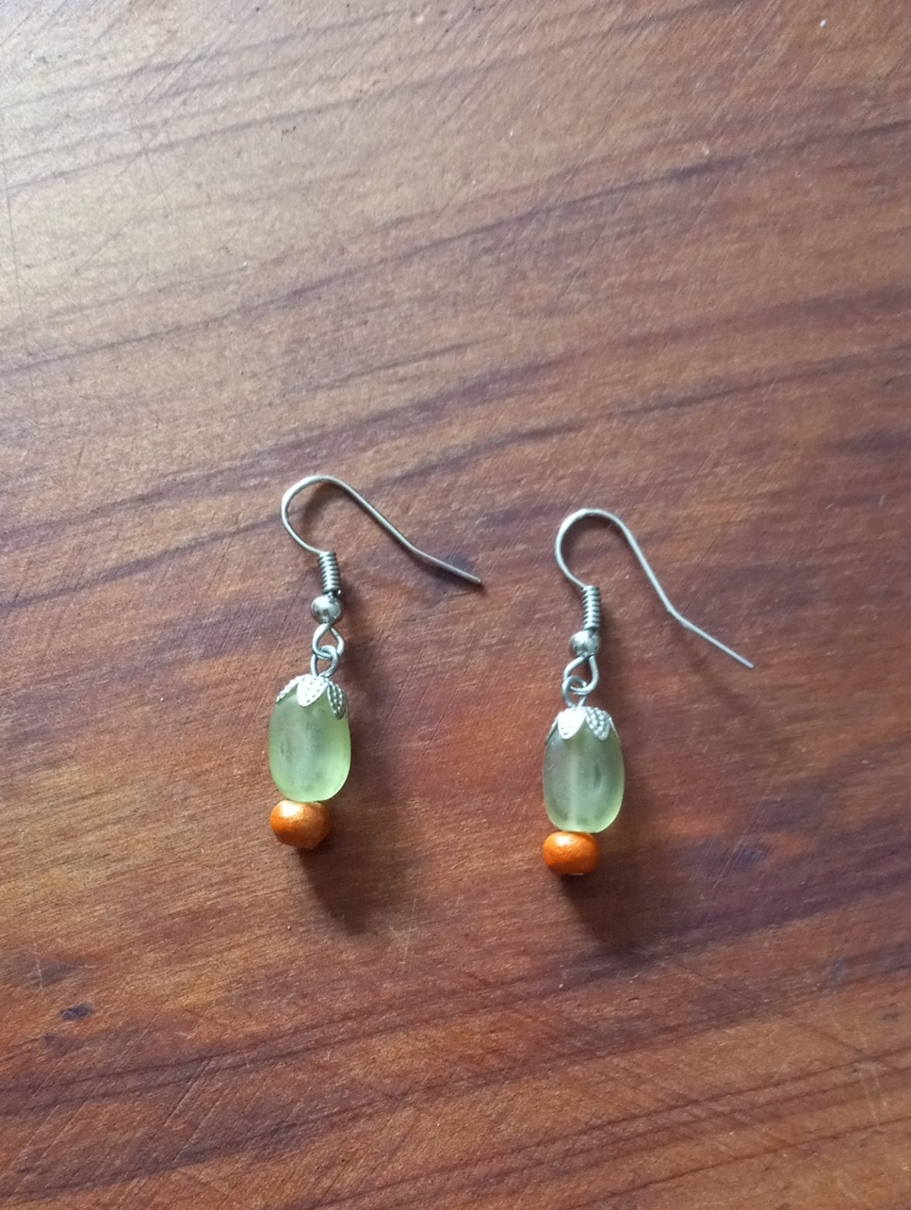 Light Green Acrylic Bead Wooden Accent Drop Dangle Earrings Boho Cottagecore